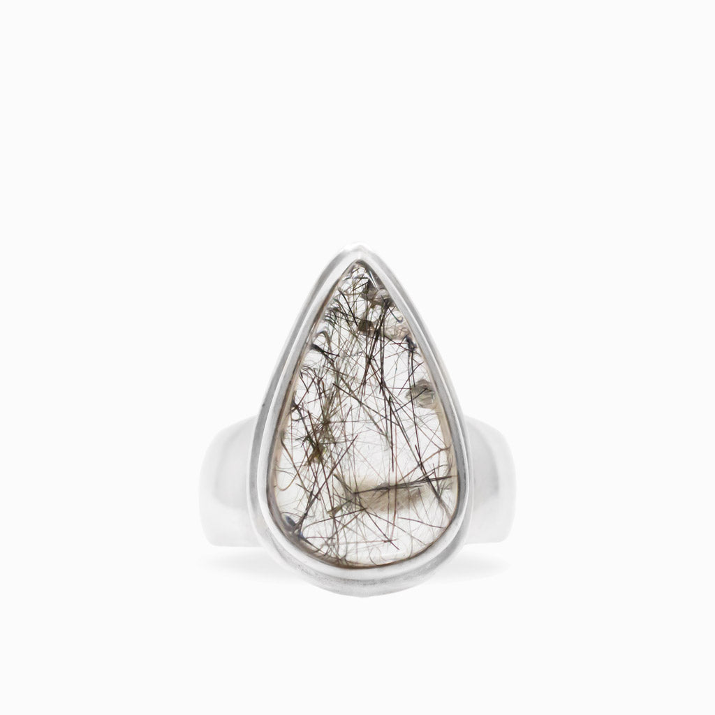 Clear teardrop Tourmalinated Quartz ring with natural black Tourmaline needle inclusions in polished 925 sterling silver.