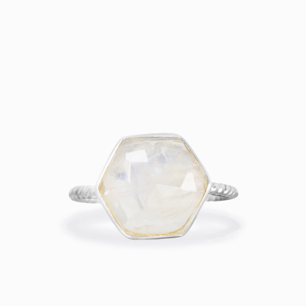 Faceted hexagonal rainbow moonstone ring in sterling silver