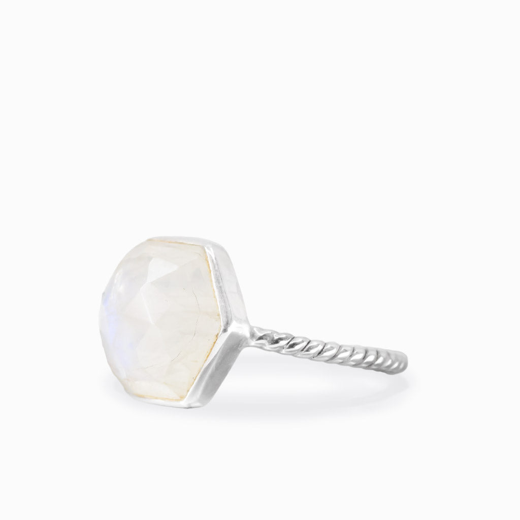 Faceted hexagonal rainbow moonstone ring in sterling silver