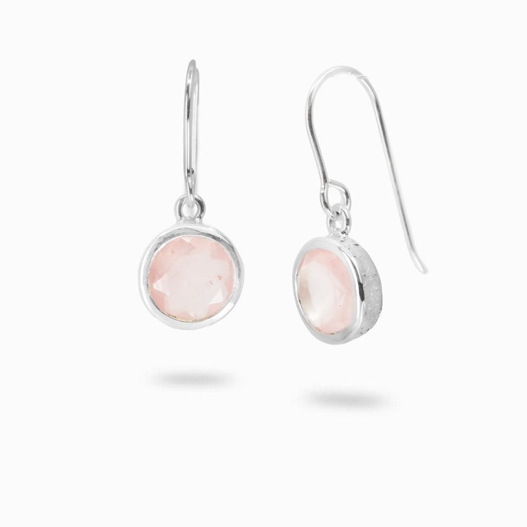 Faceted round rose quartz drop earrings in sterling silver