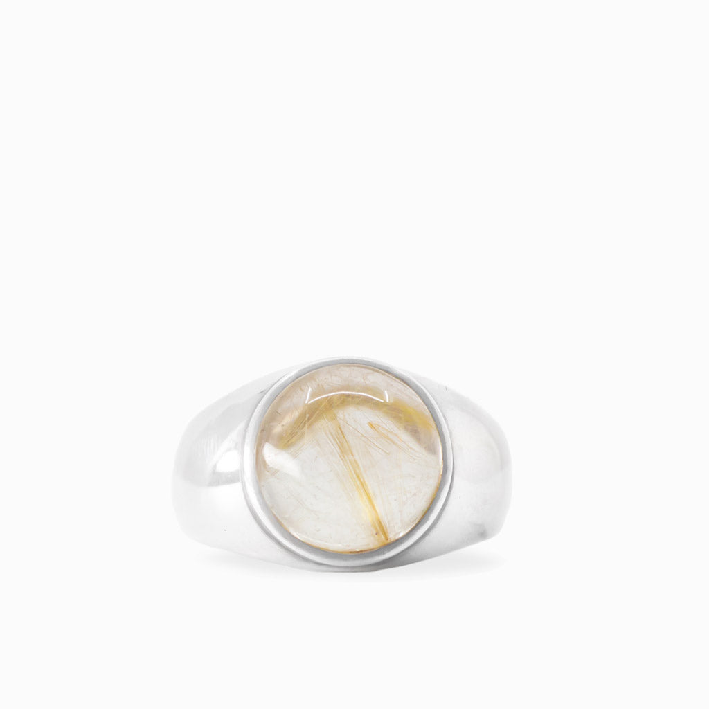 Round Golden Rutilated Quartz cabochon with fine golden needles set in polished 925 sterling silver.