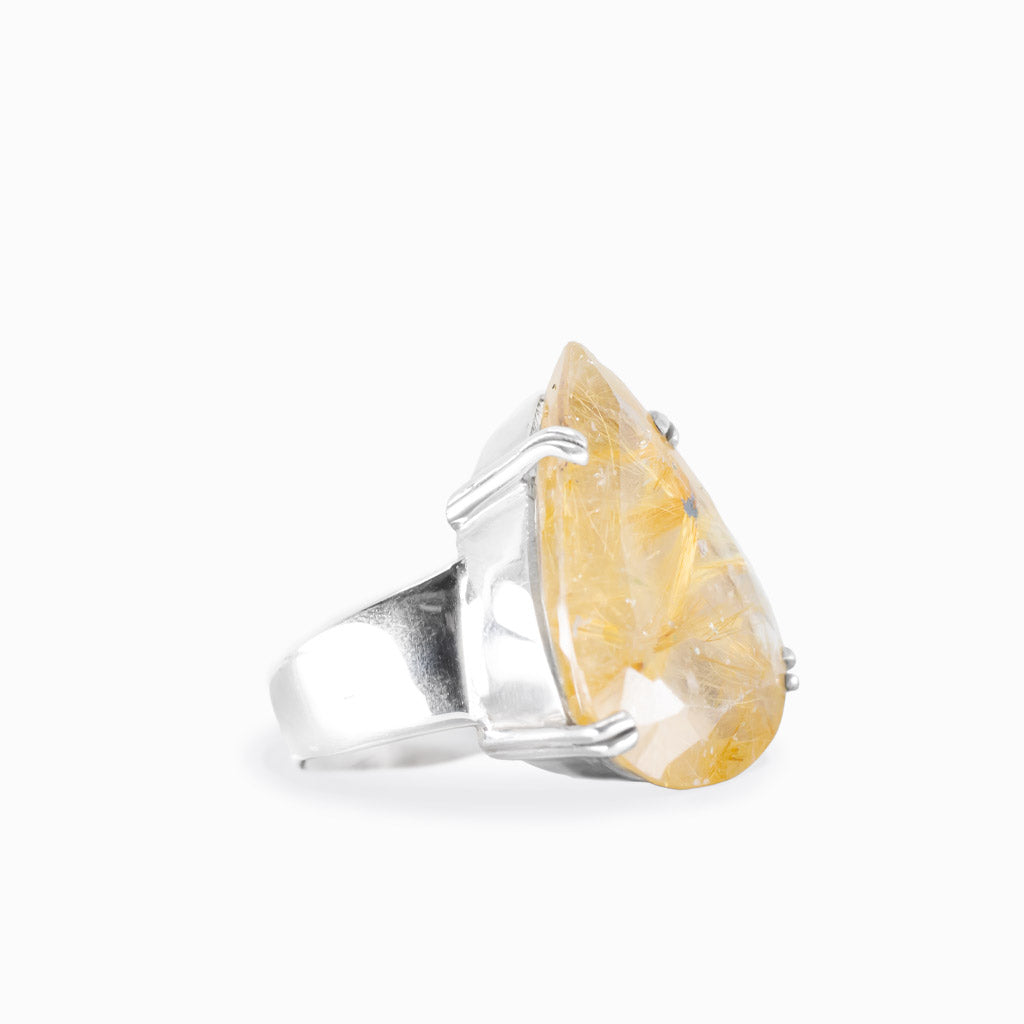 Faceted golden rutilated quartz ring in sterling silver