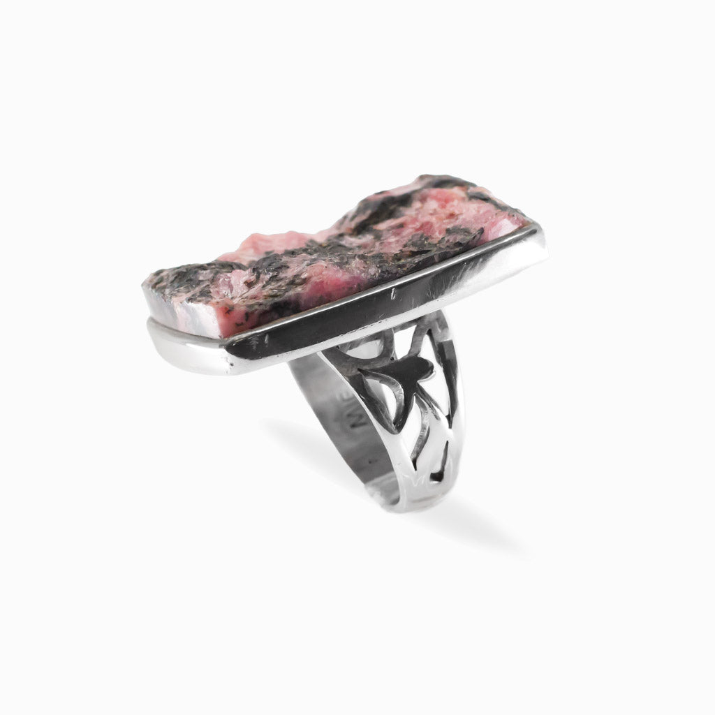 Rectangular freeform Rhodonite ring with natural pink and black mineral patterning set in polished 925 sterling silver.
