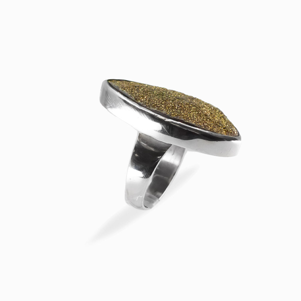 Elongated marquise Rainbow Pyrite druzy ring with sparkling gold metallic crystals in polished 925 sterling silver.