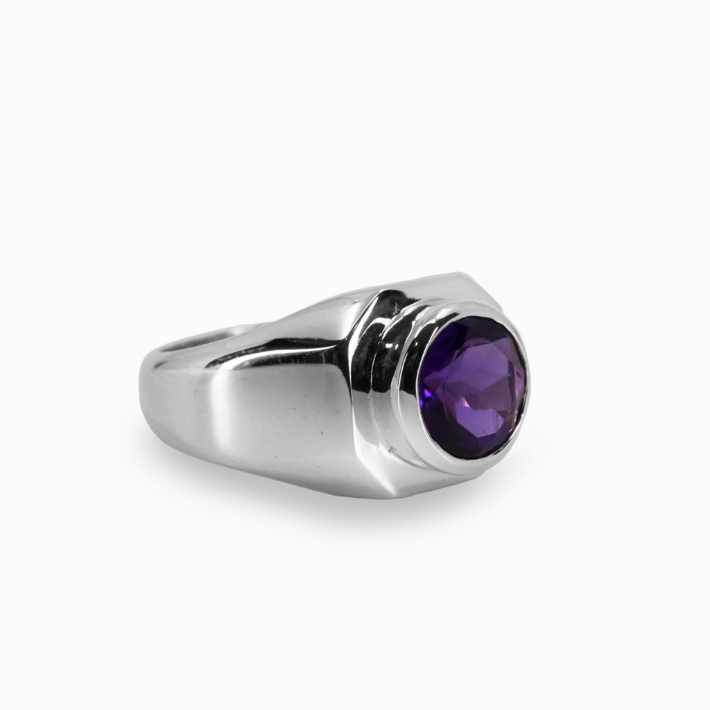 Round Faceted Amethyst Ring in Sterling Silver Made In Earth