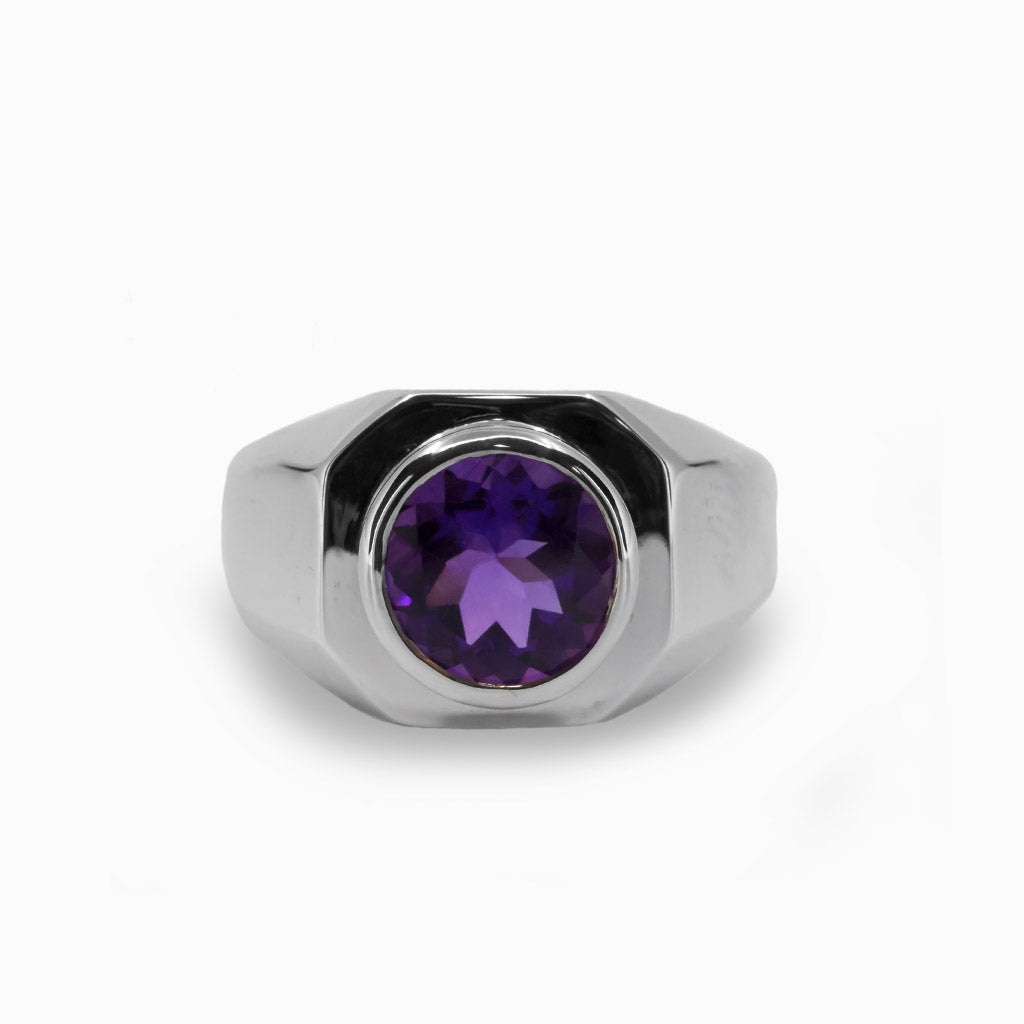 Round Faceted Amethyst Ring in Sterling Silver Made In Earth