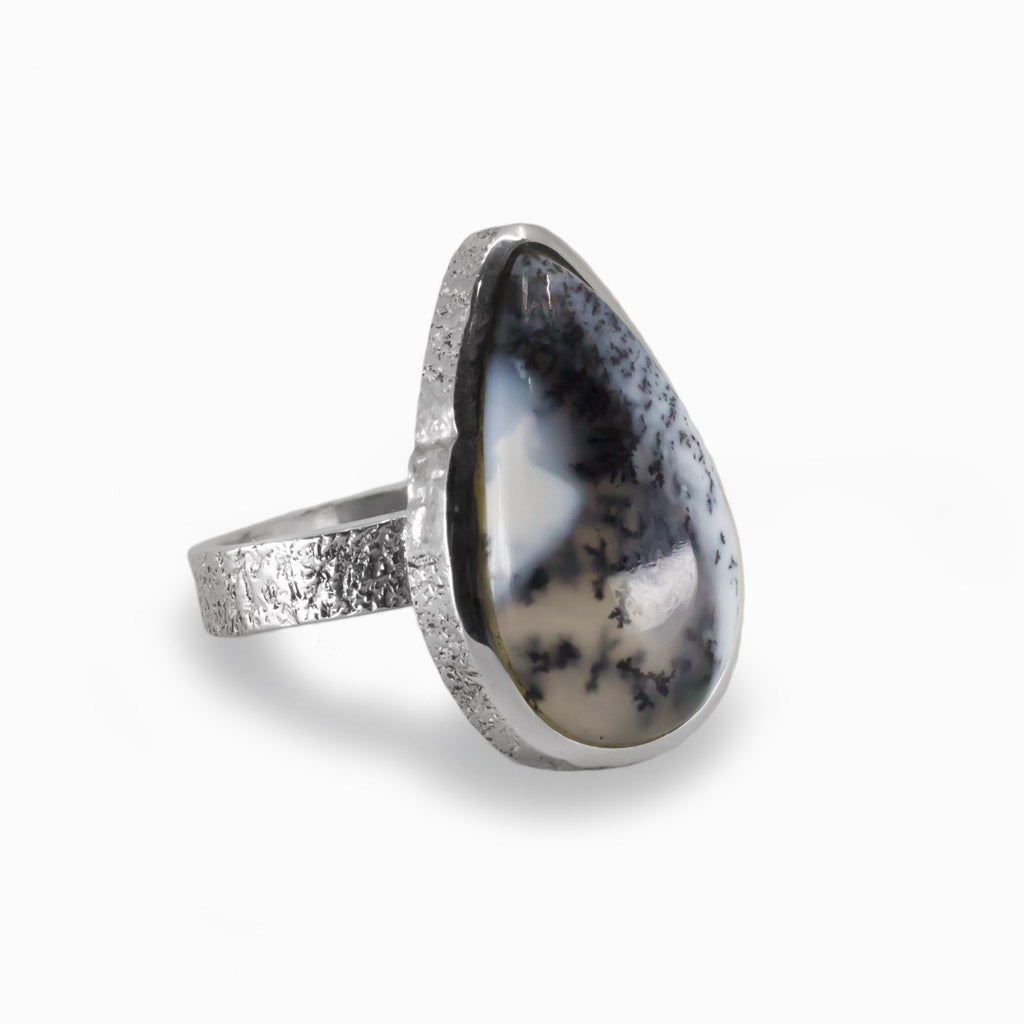 Teardrop Cabochon Dendritic Opal Ring In Textured Sterling Silver Made In Earth