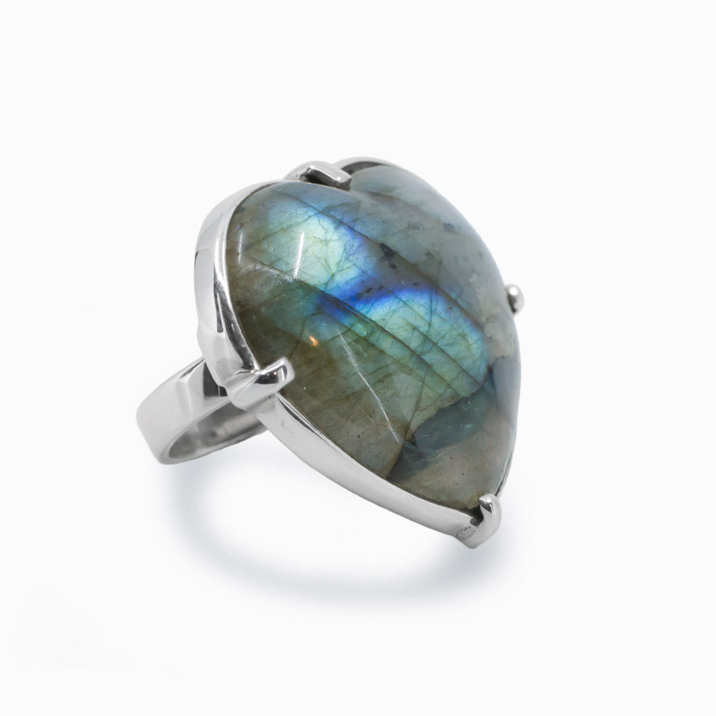 Labradorite Cabochon Heart Ring in sterling silver made in earth