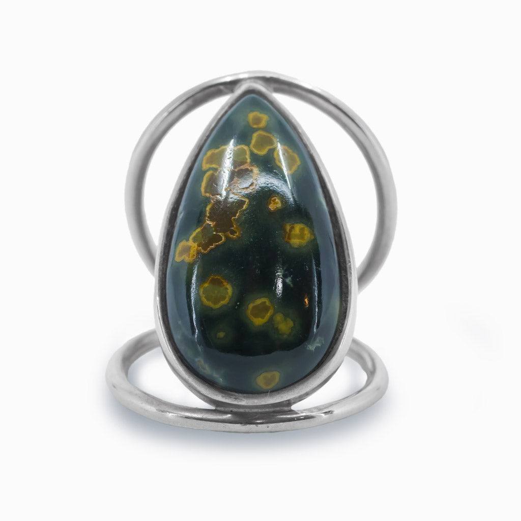Teardrop Ocean Spray Agate Cabochon Halo Band Ring