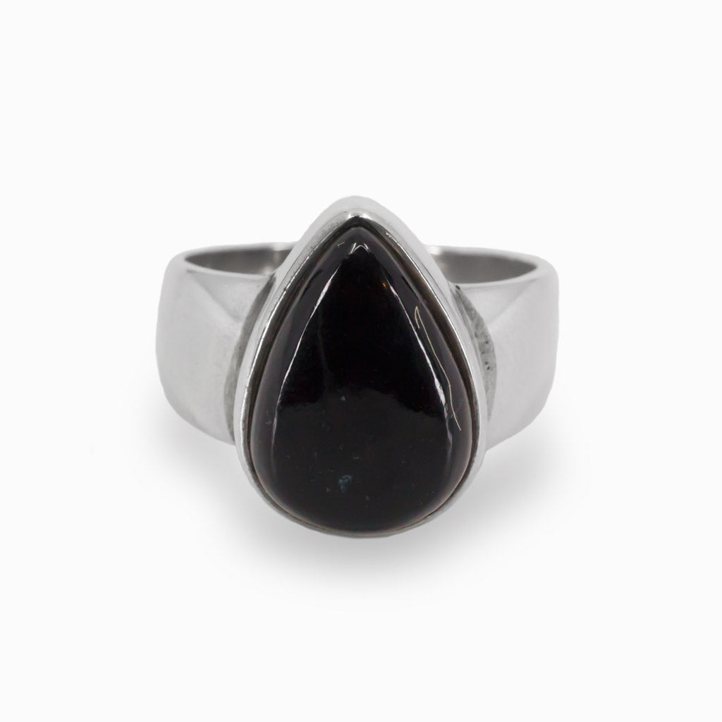 Teardrop Cabochon Polished Black Tourmaline Ring in 925 Silver Made In Earth