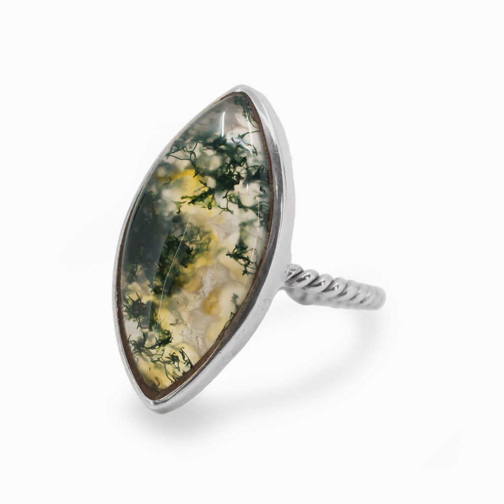 Cabochon Marquis Moss Agate Sterling Silver Rope Band Ring