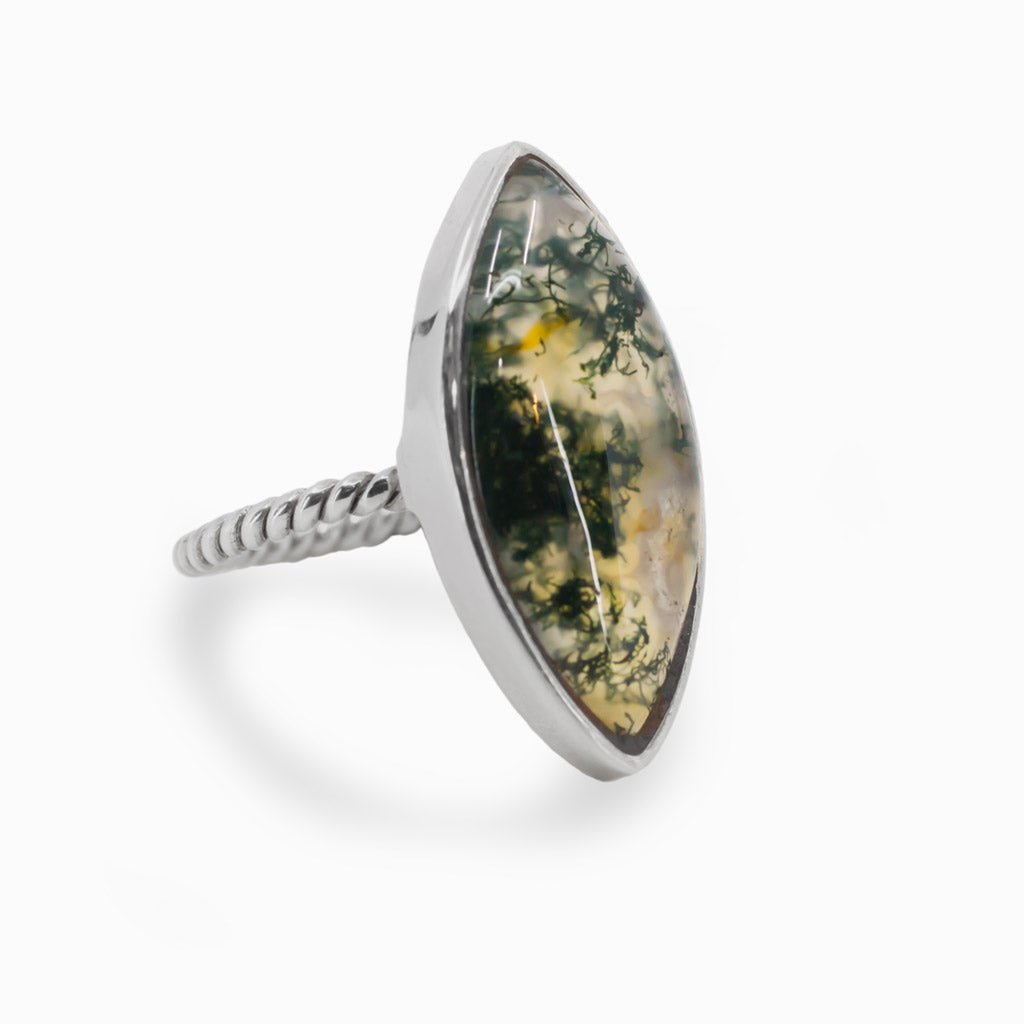 Cabochon Marquis Moss Agate Sterling Silver Rope Band Ring