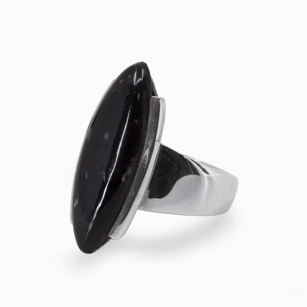 Dark Black Tourmaline Cabochon Marquis Ring in Sterling Silver Made In Earth