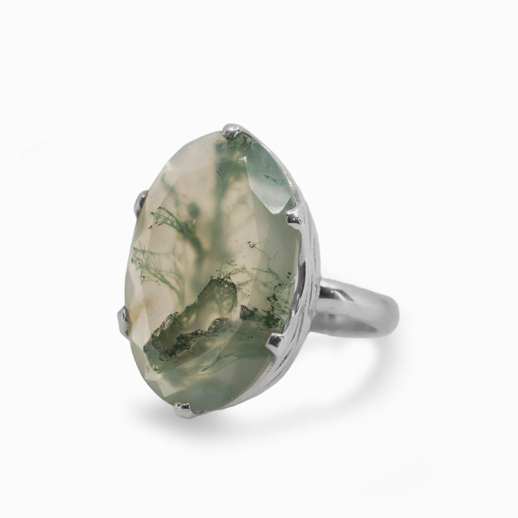 Oval Faceted Moss Agate Ring in Sterling Silver Filigree