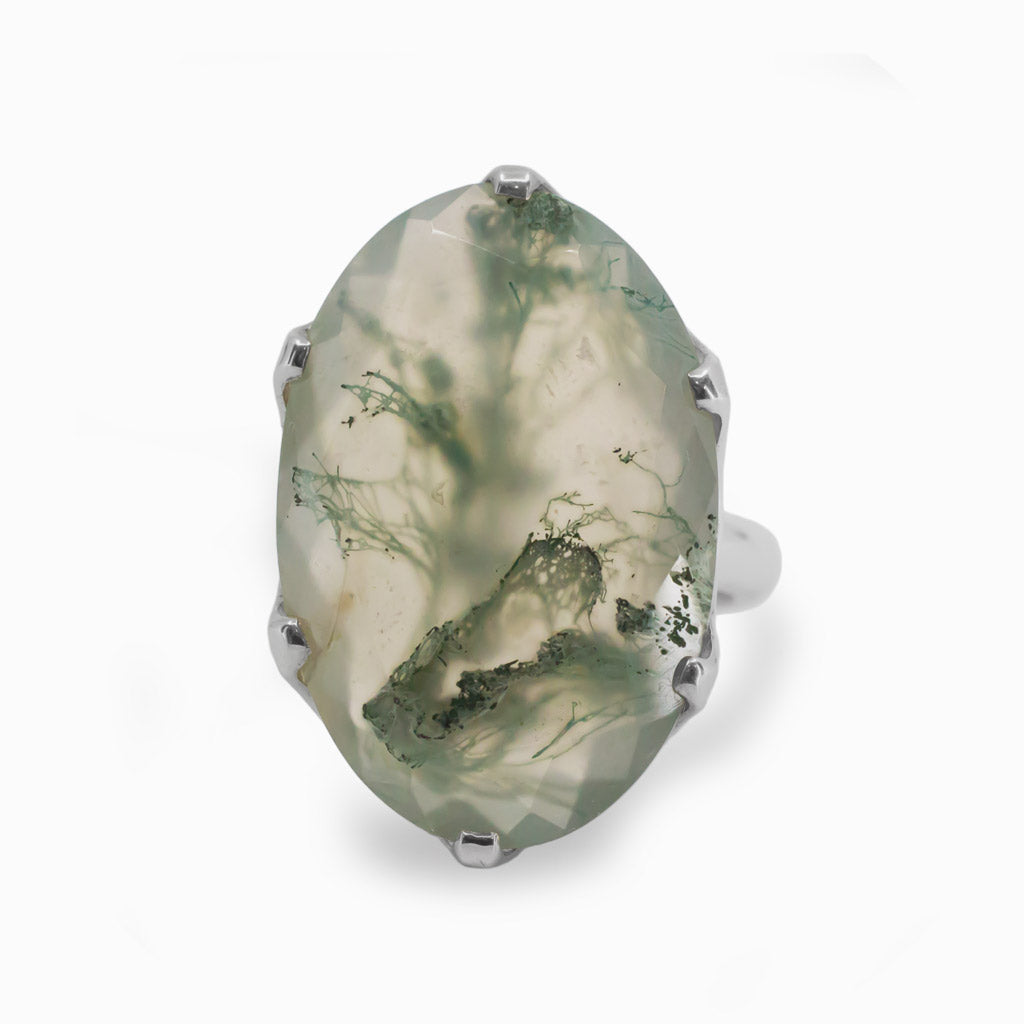 Oval Faceted Moss Agate Ring in Sterling Silver Filigree