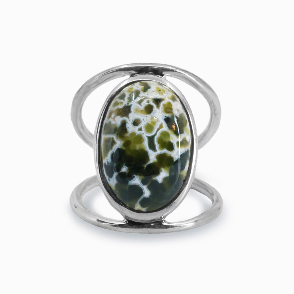 Spotted Ocean Spray Agate Cabochon Ring in silver open band
