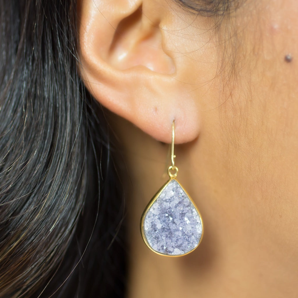 Amethyst Druzy Drop Earrings on Model