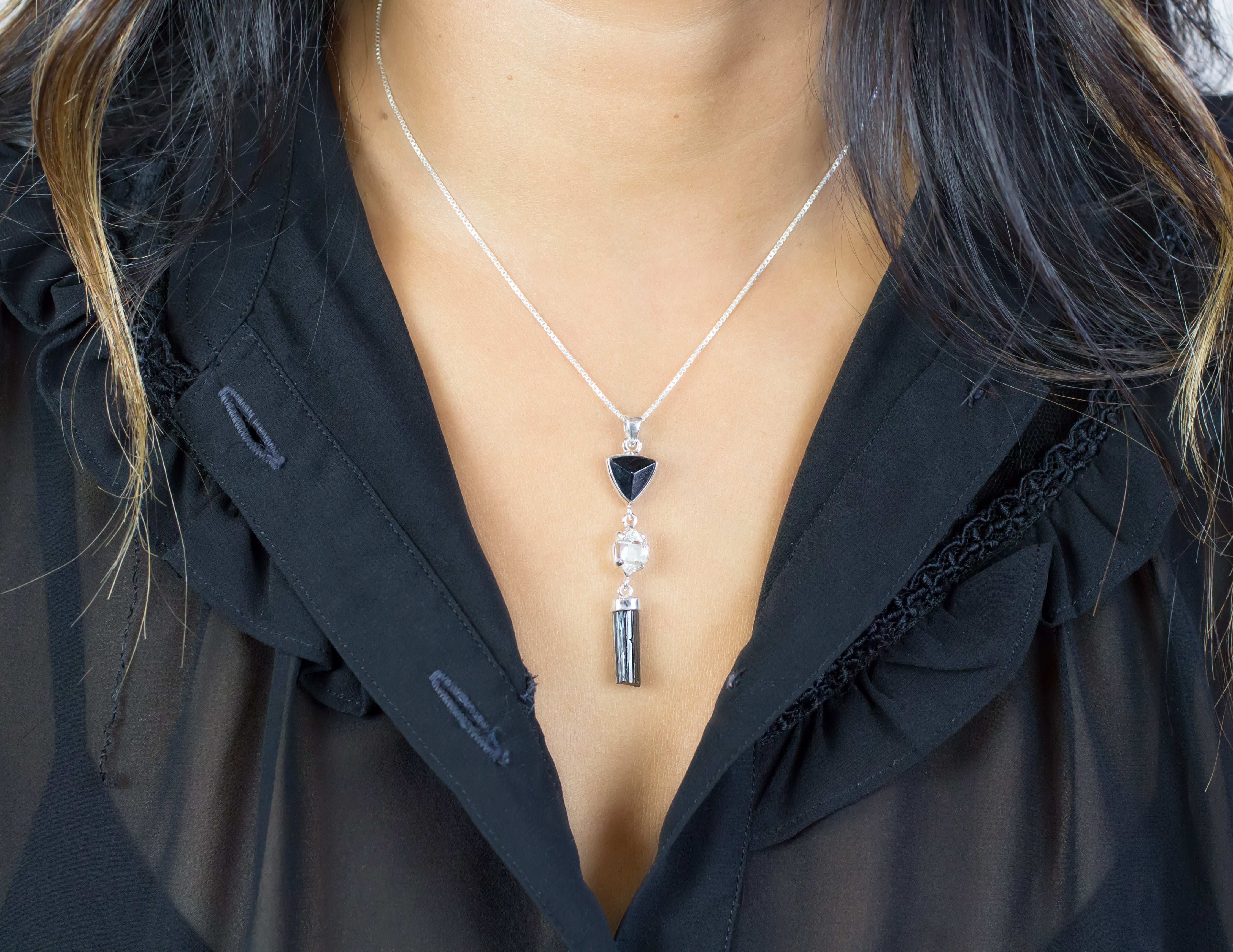 Black Tourmaline & Herkimer Diamond Pendant on Model