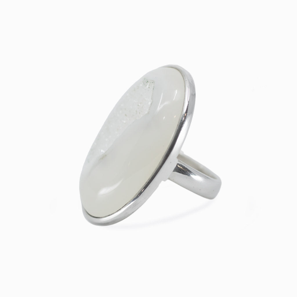 White Oval Agate druzy ring left side view