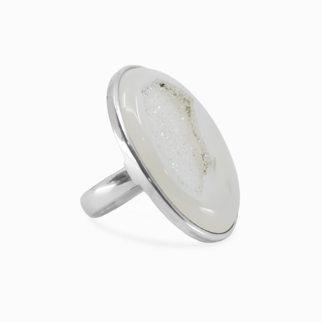 White Oval Agate druzy ring right side view