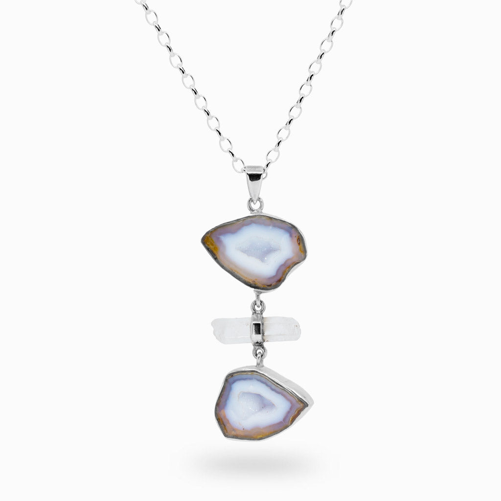 DRUZY RAW TRIPLE STONE AGATE AND LASER QUARTZ NECKLACE