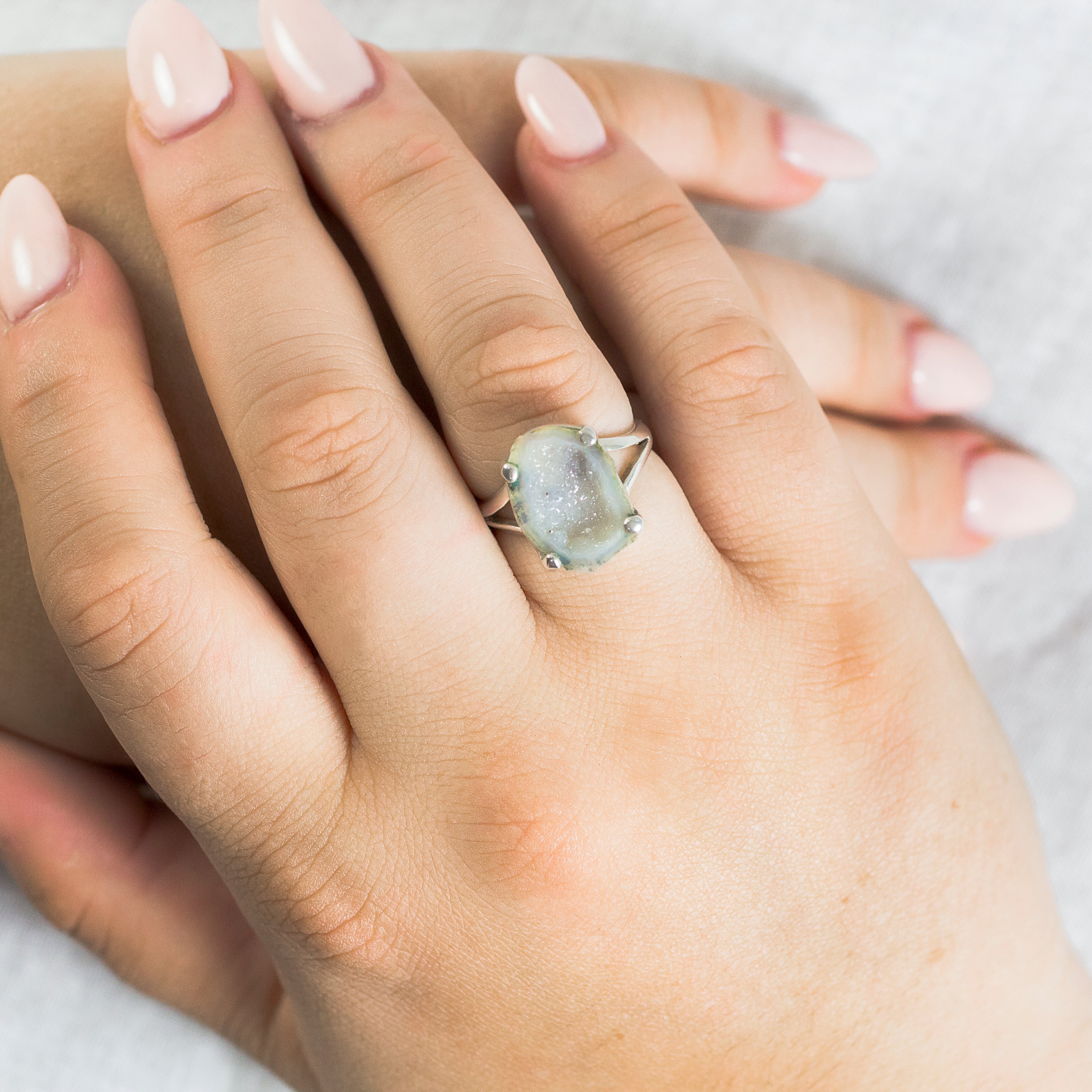 Rare Grey Green Agate Geode Ring on model