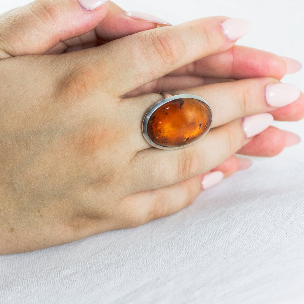 Model Wearing Yellow Amber Ring