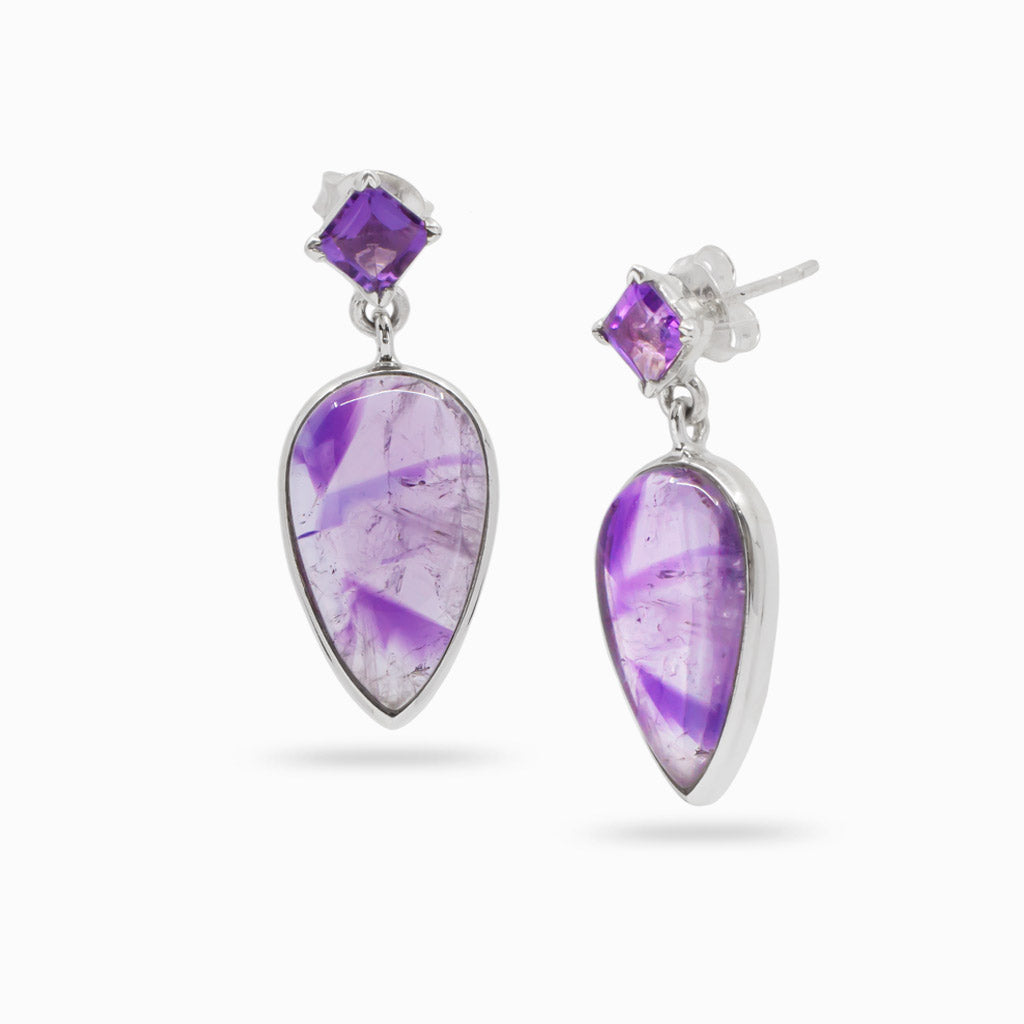 Cabochon teardrop Auralite 23 & Facet Diamond Amethyst Stud Drop Earrings