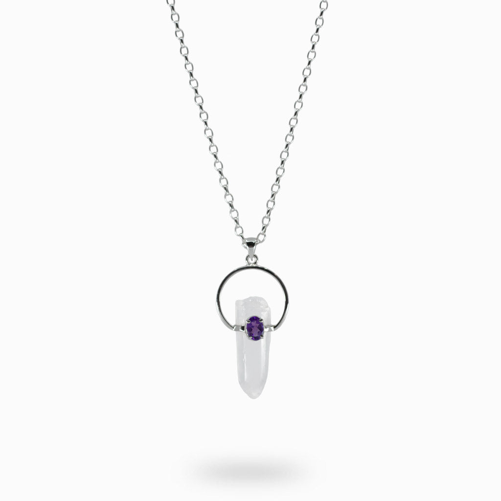 Laser Quartz and Amethyst necklace on model