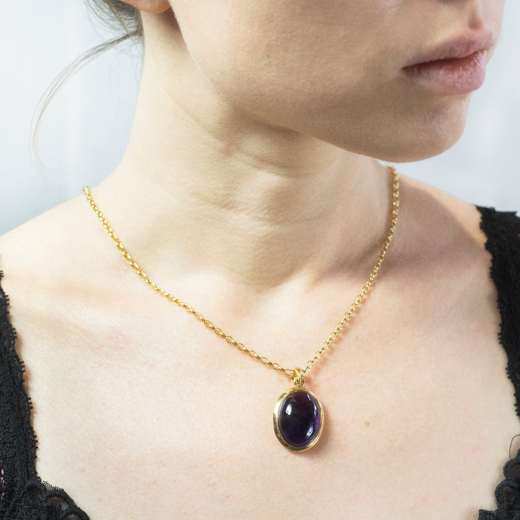 OVAL PURPLE CABOCHON 14K YELLOW GOLD VERMEIL FINISH AMETHYST NECKLACE on MODEL