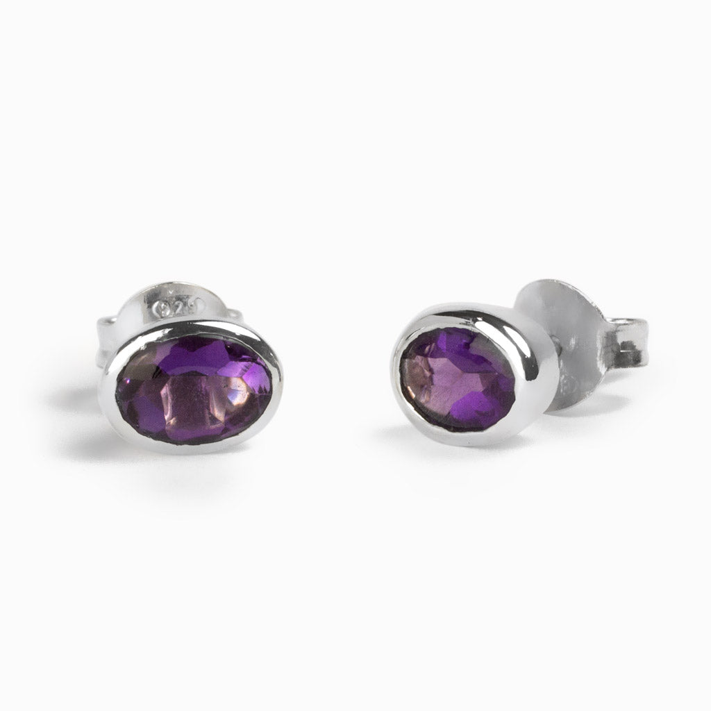 Faceted Amethyst Stud Oval Earrings