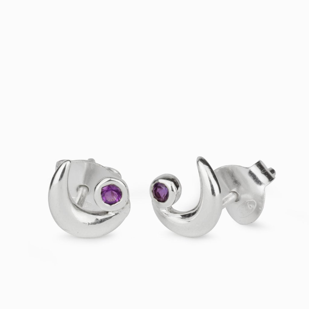 Round Faceted Amethyst Moon Stud Earrings
