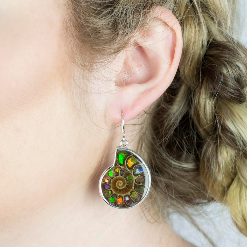 Ammolite Drop Earrings on Model
