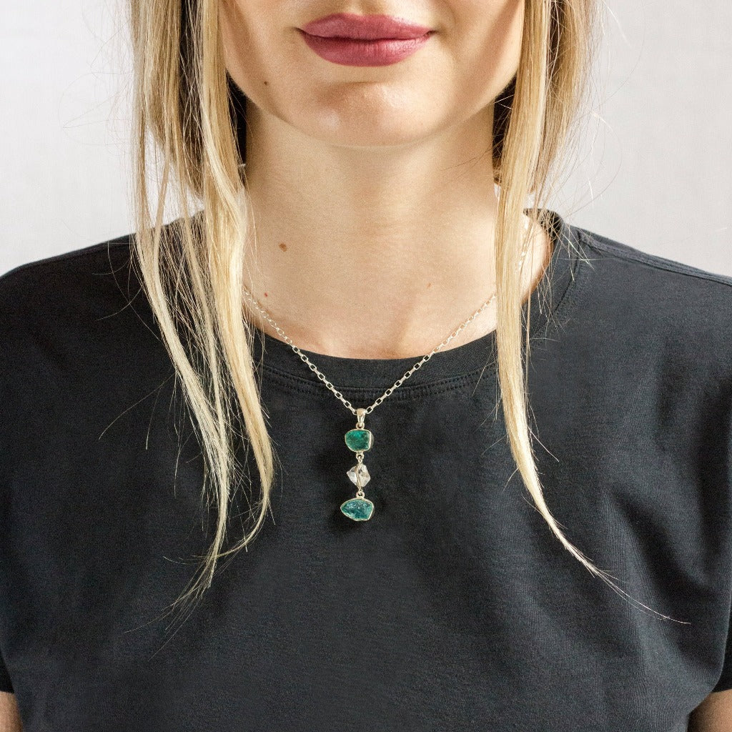 ORGANIC BLUE AND WHITE TRIPLE STONE DROP RAW STERLING SILVER APATITE AND HERKIMER DIAMOND NECKLACE ON MODEL