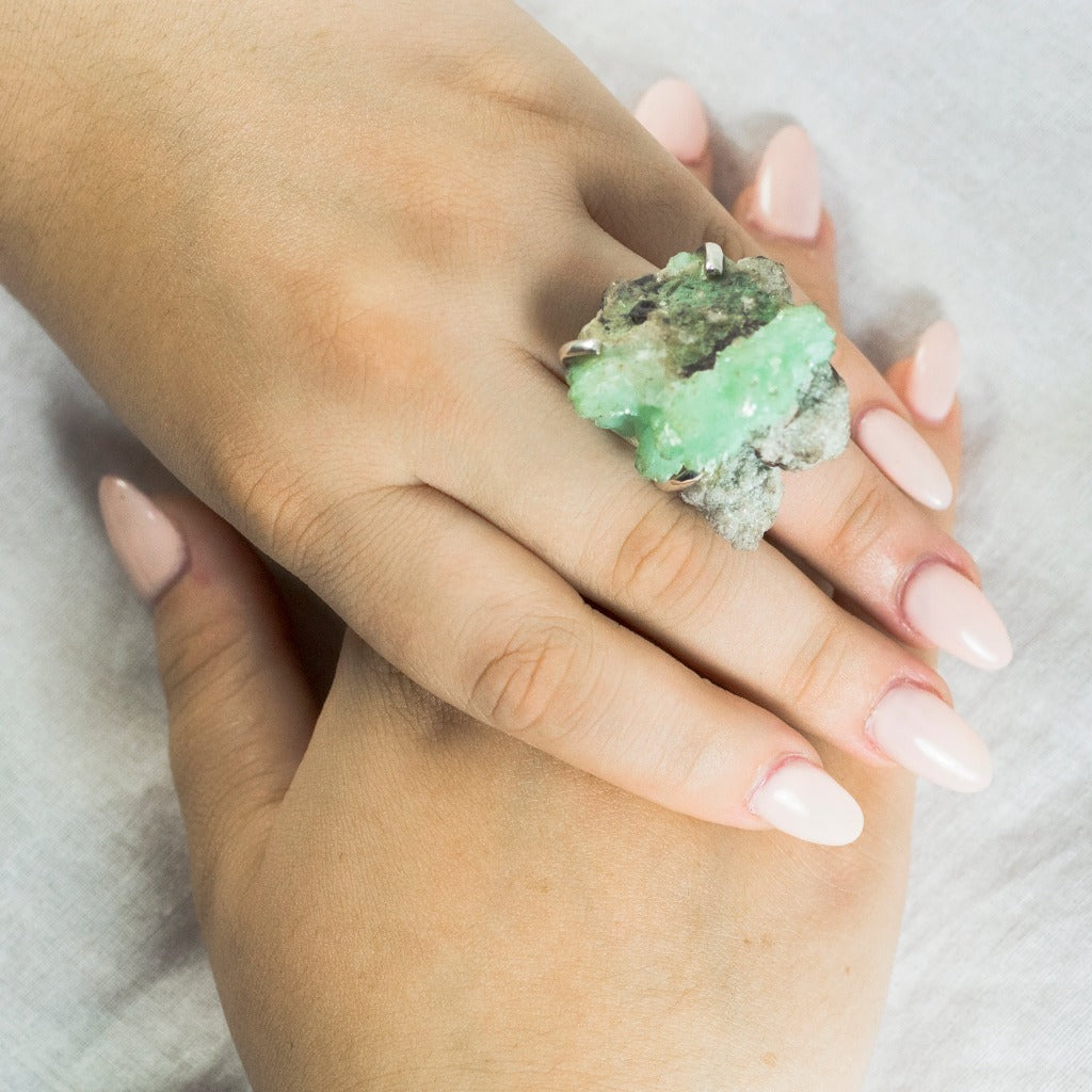 Grey Green Apophyllite Ring on model |Made in Earth