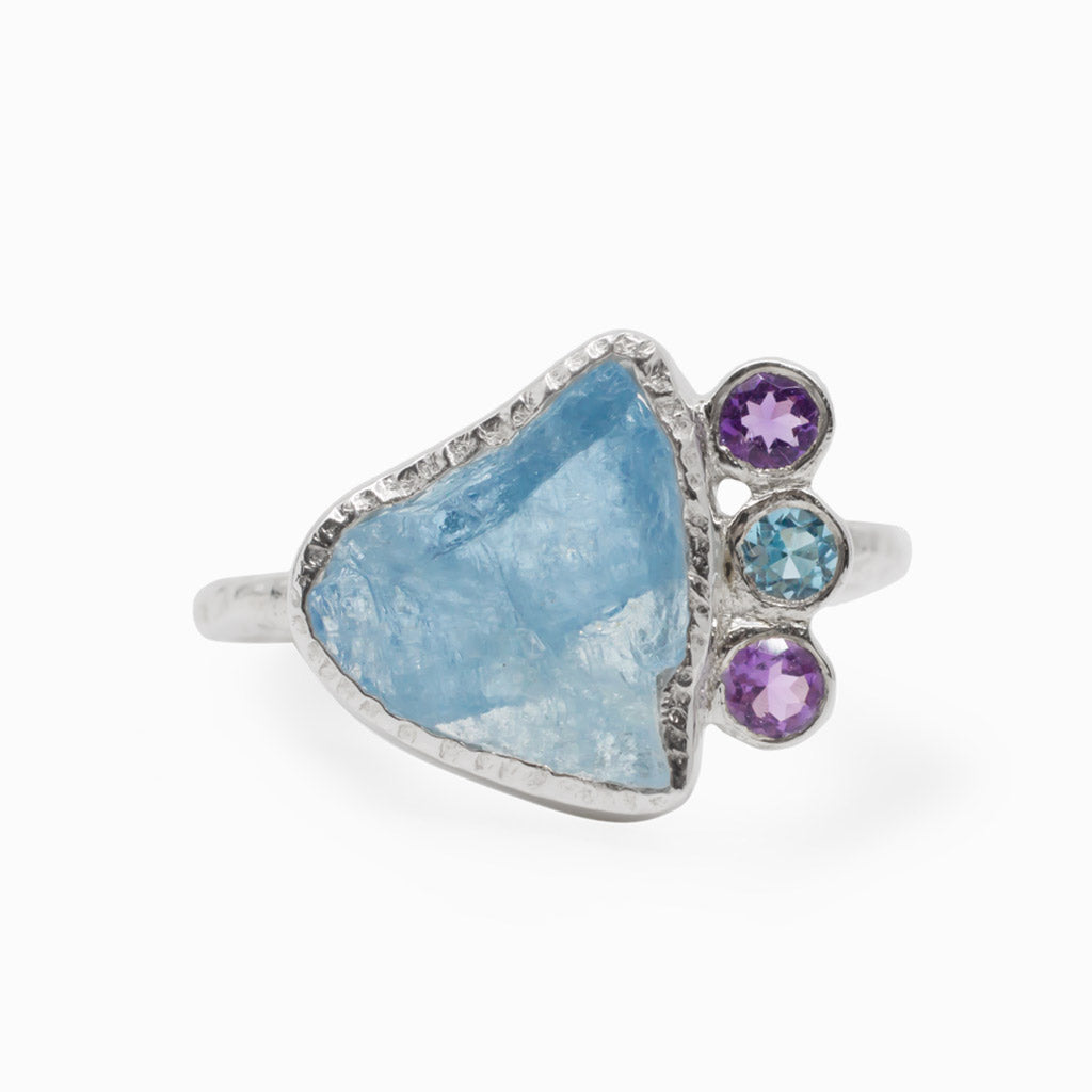 Blue Aquamarine, Blue Topaz, & Purple Amethyst Ring Made in Earth