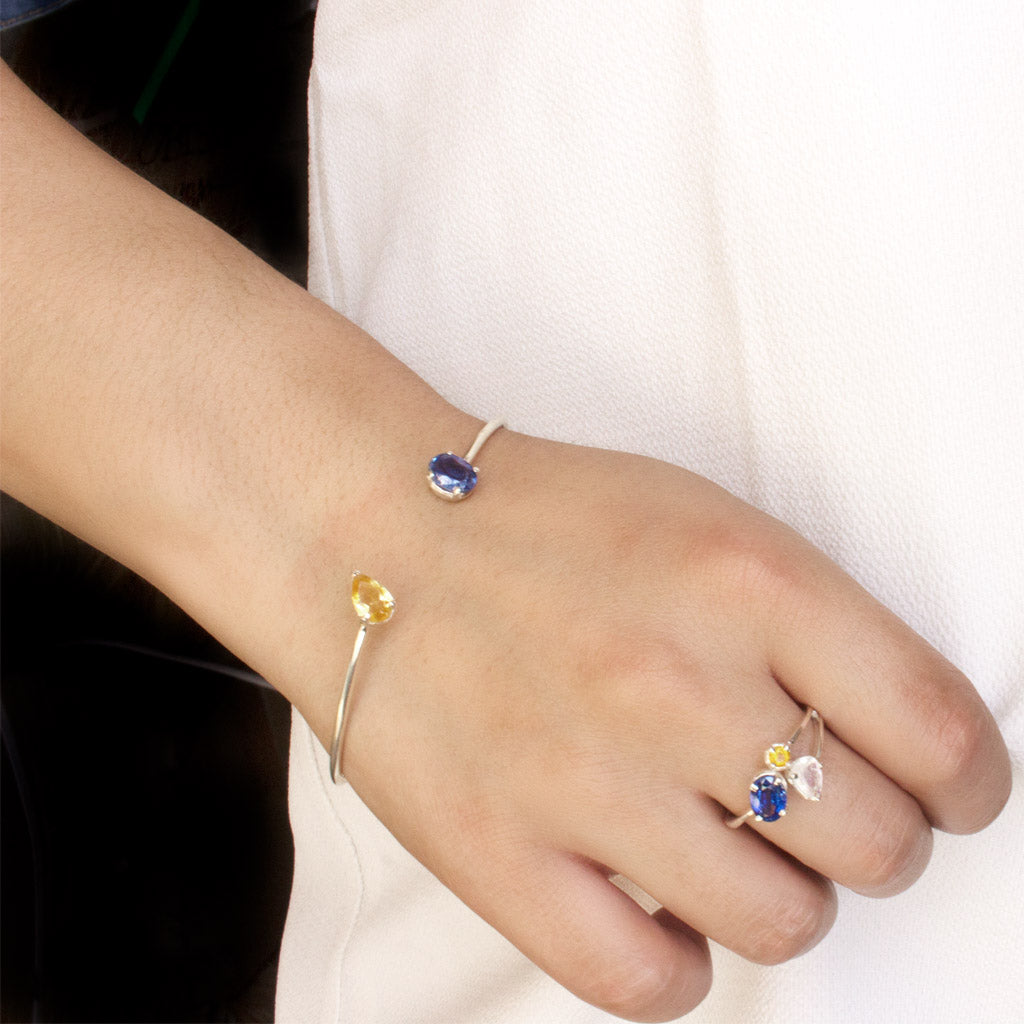 Kyanite, Rainbow Moonstone, & Citrine Ring on Model
