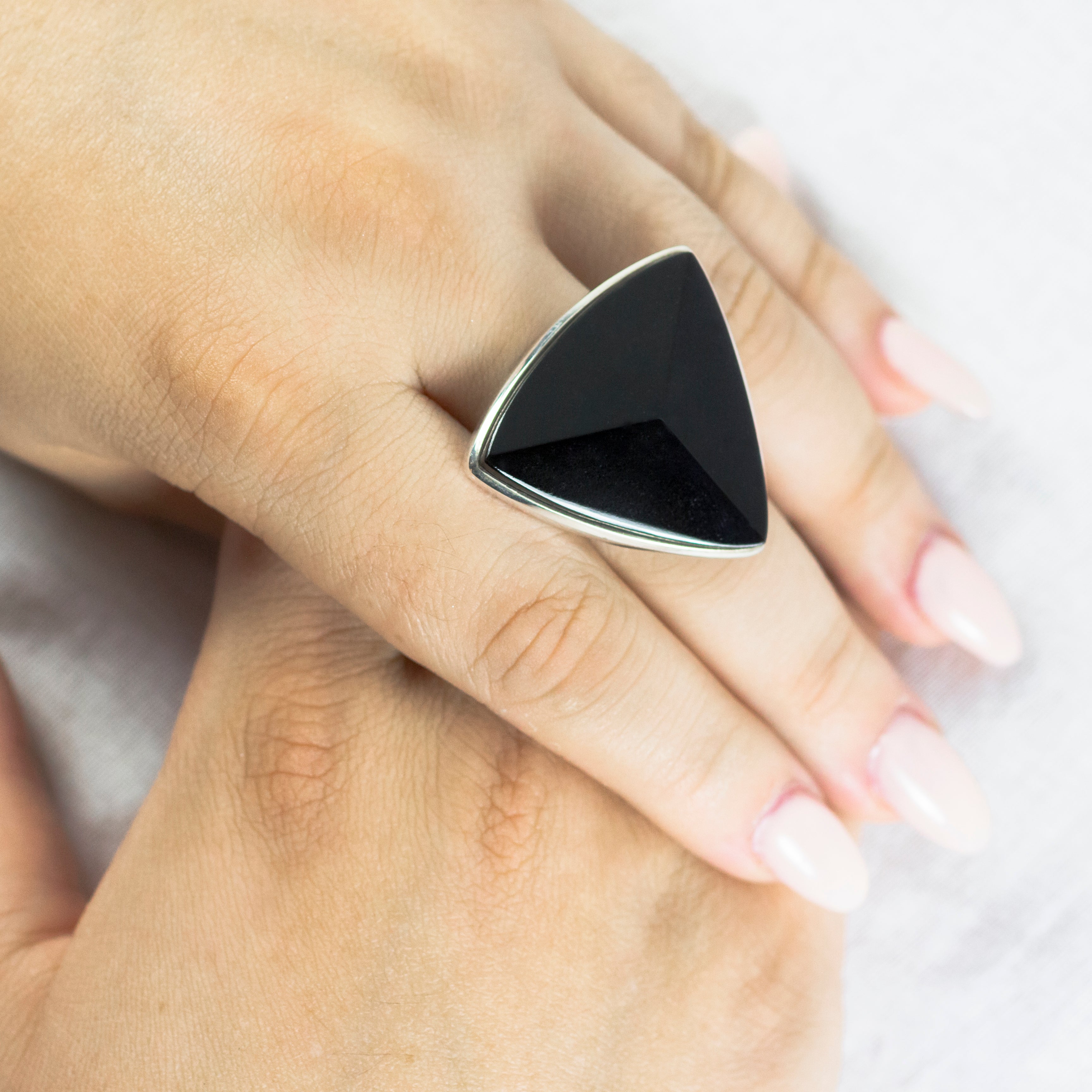 Triangle Black Tourmaline Ring on model