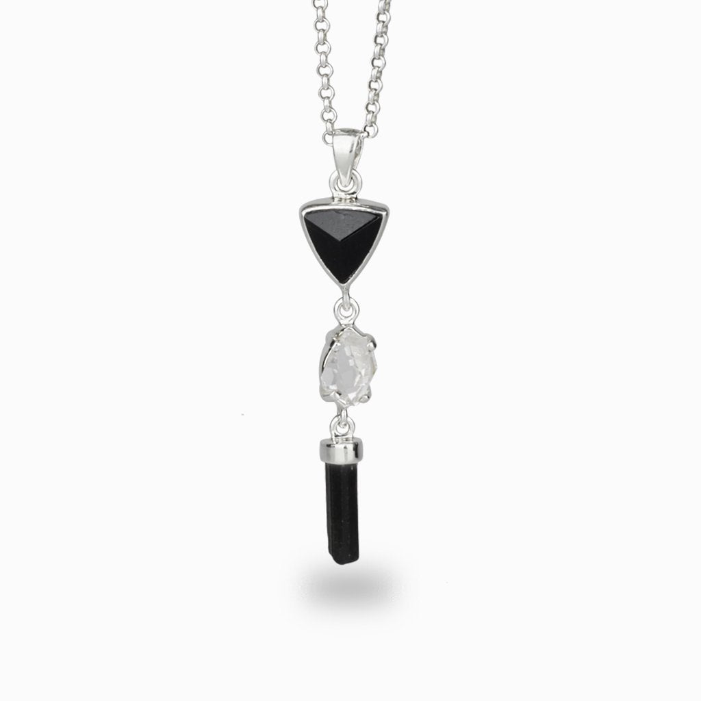 Triple hanging stone Triangle Black Tourmaline & Herkimer Diamond Necklace Made in Earth