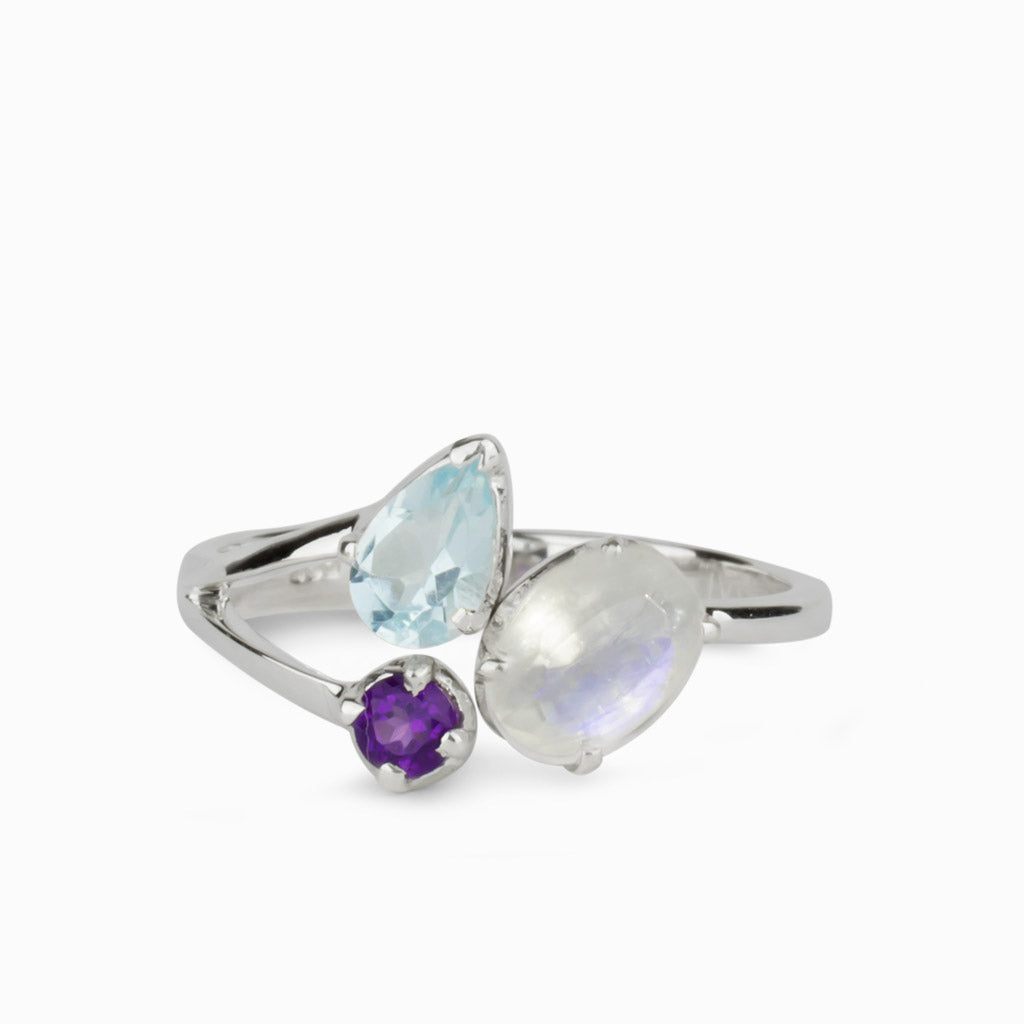 Rainbow Moonstone, Blue Topaz Amethyst Ring Made In Earth US