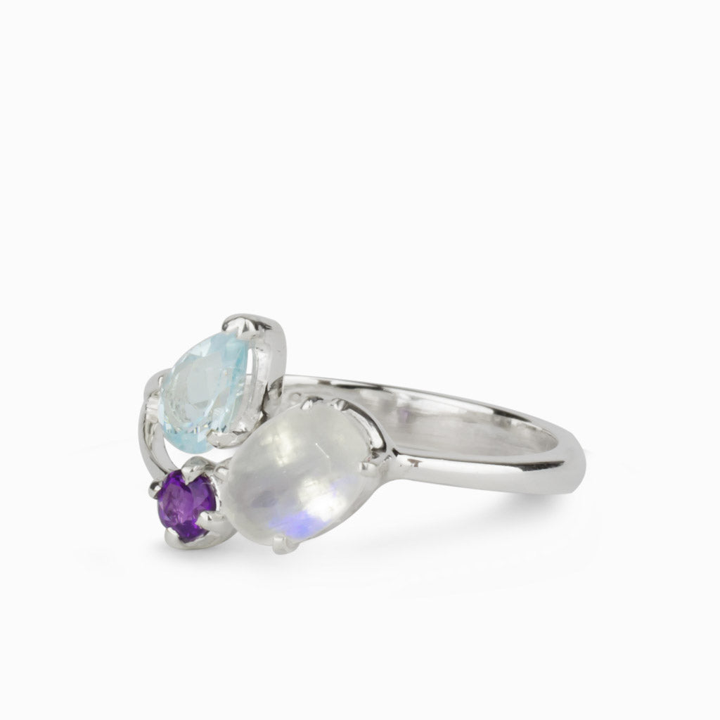 Blue Topaz, Rainbow Moonstone, Amethyst Ring