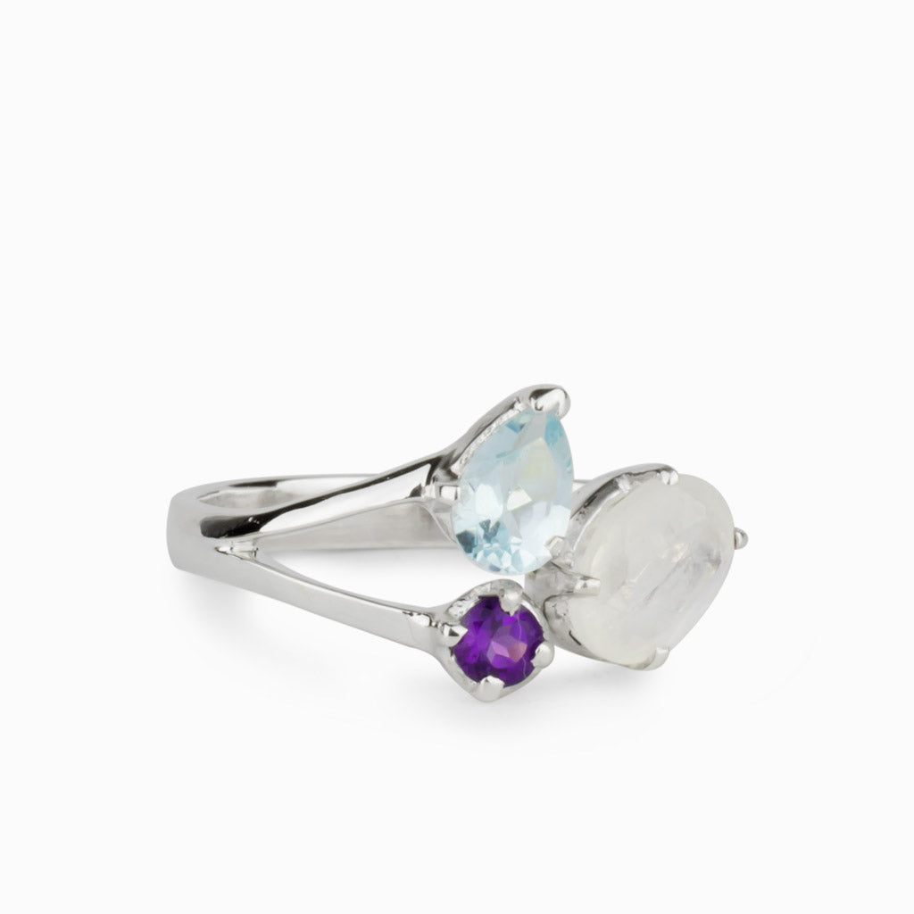 Blue Topaz, Rainbow Moonstone, Amethyst Ring