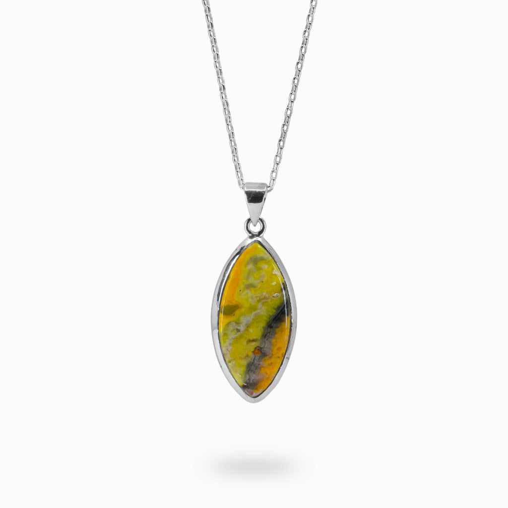 MARQUIS CABOCHON YELLOW-GRAY STERLING SILVER BUMBLE BEE JASPER NECKLACE