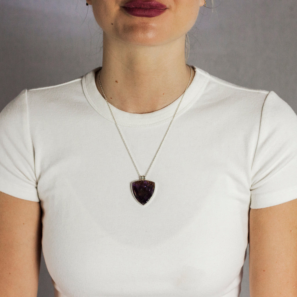 PURPLE BROWN CAB TRIANGLE STERLING SILVER CACOXENITE NECKLACE ON MODEL