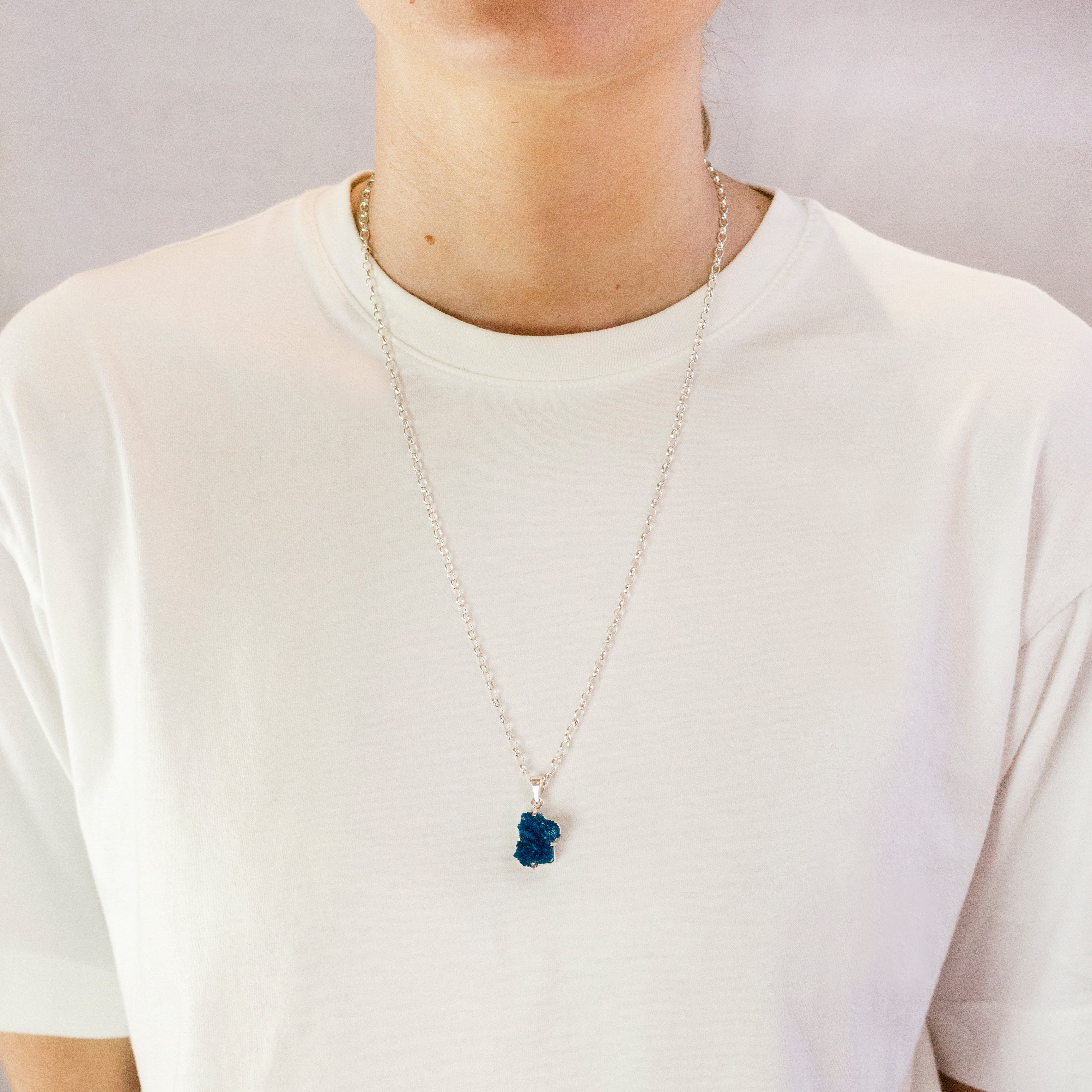 RAW ORGANIC SHAPED BLUE STERLING SILVER CAVANSITE NECKLACE ON MODEL
