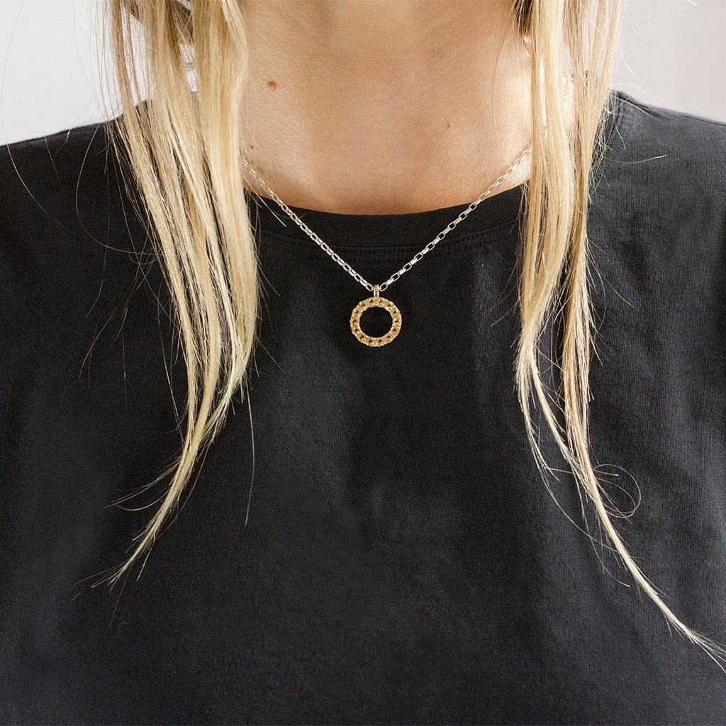 Yellow Citrine necklace set in silver circle made in earth On Model