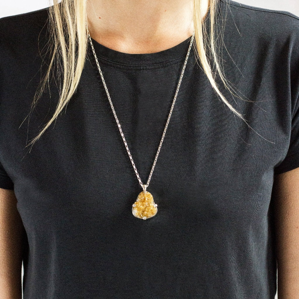 Raw Citrine Druzy Necklace On Model
