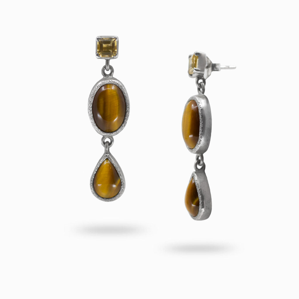 Tiger eye and citrine stud drop earrings