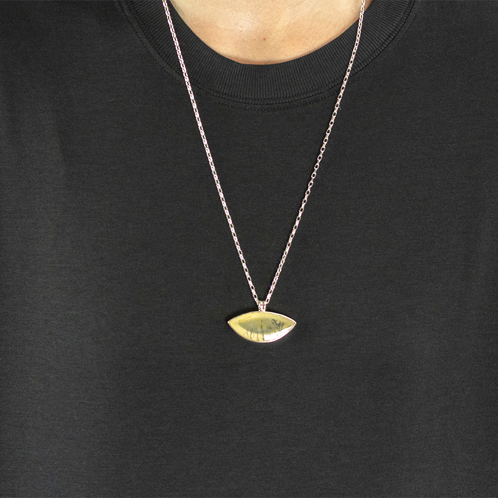 Eye shape yellow with black fern like structures Dendritic Quartz Necklace made in earth On Model