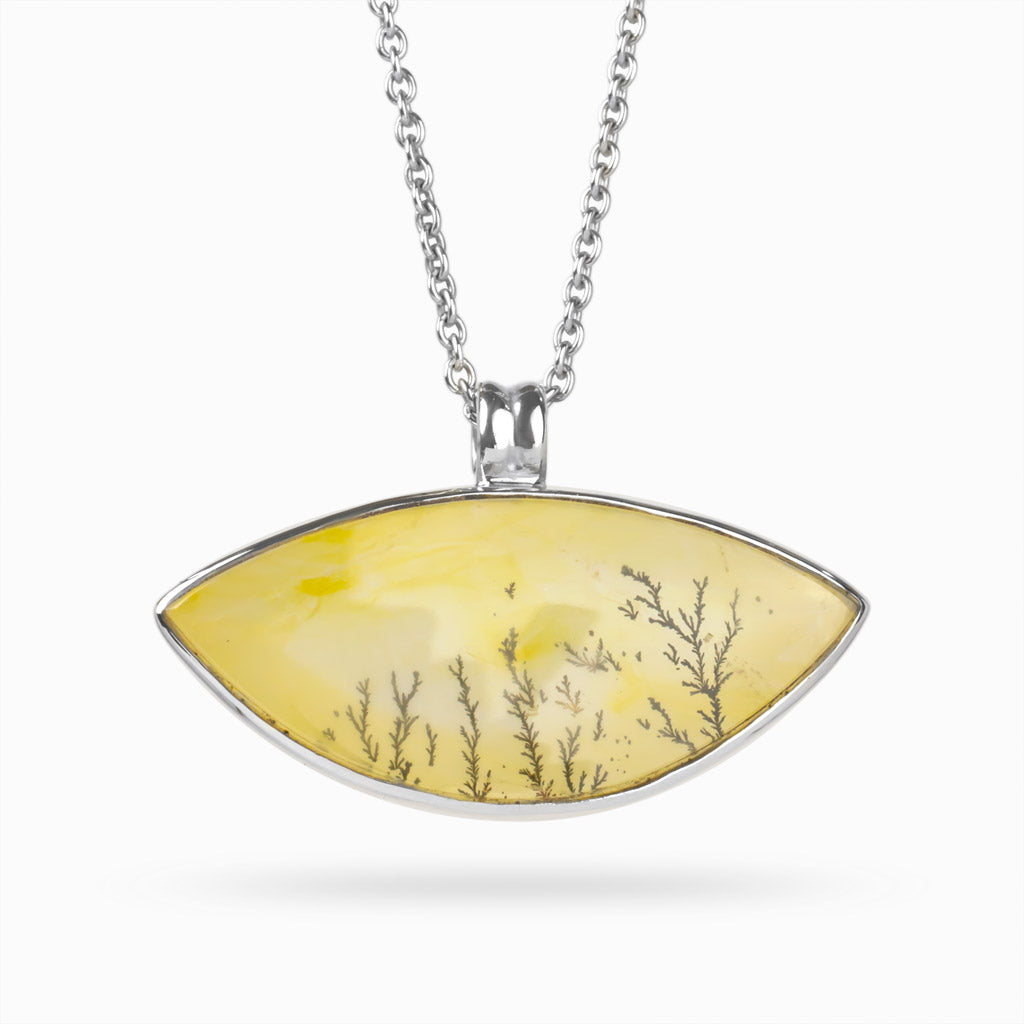 Eye shape yellow with black fern like structures Dendritic Quartz Necklace made in earth